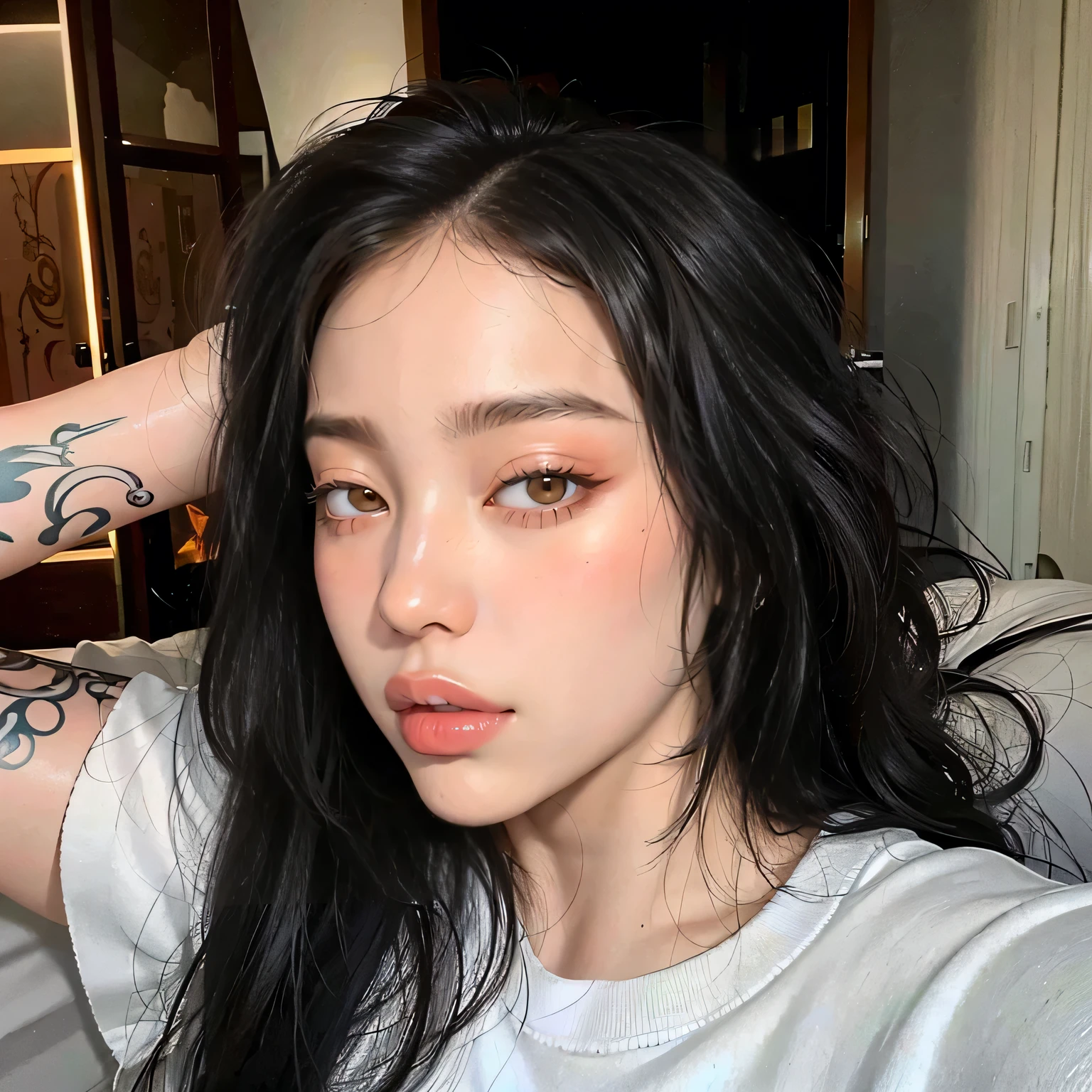 Yeji HD with cute lips and huge, an Asian adult woman , beautiful hair, Arms pretty , big , fleshy lips, beautiful eyes, very pretty eyes, very black hair