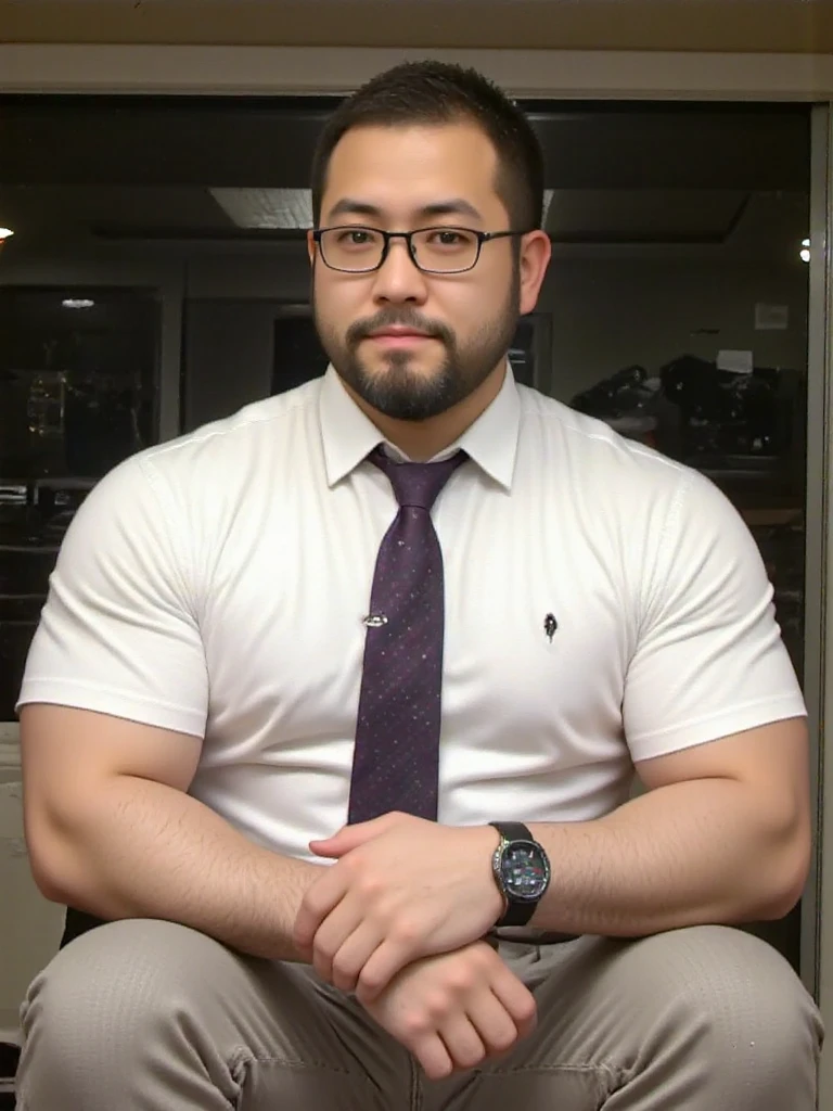 a 36 year old stocky chubby thick Japanese businessman wearing only tie and glasses with short hair and beard covered with huge load of cum