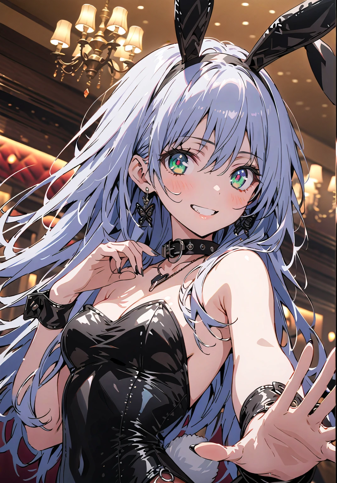 card, sexy waifu, long silver hair, green eyes, anime style. Busty, cute outfit, with the words "happy birthday"