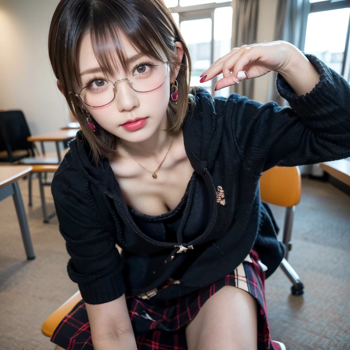 Down blouse, 15 year old female student , munechira,(((Small breasts))),Flat Chest ,avert your eyes, Bend your body , From above , Long skirt, close, necklace ,In the classroom, Detailed Bra Overlap T-Shirt, short hair,8k, highest quality, masterpiece, Ultra-high resolution, (realism: 1.4), Original photo, (Real skin texture: 1.3)、Red frame glasses