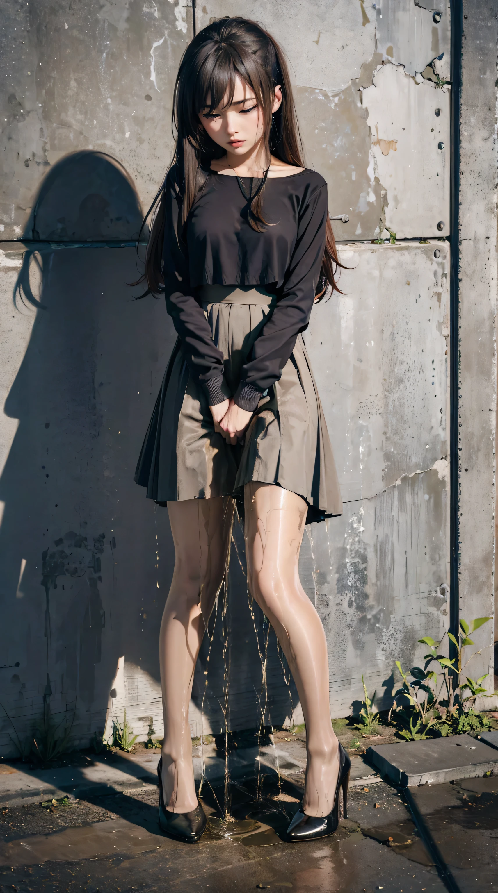 (urination:1.4),(is embarrassing:1.2),prom dress, miniskirt, sexy pin heels , high heels, pantyhose, super long hair,Katyusha pees herself, Wetting clothes, Face of pee I can't stand , The desperation to pee myself , urination imminent pose , her body can't hold urine 、peed out of desperation in the middle of the city, it's a woman who pees and puts her legs down, stand up, Hyper Pee Desperate Face , big puddle of pee