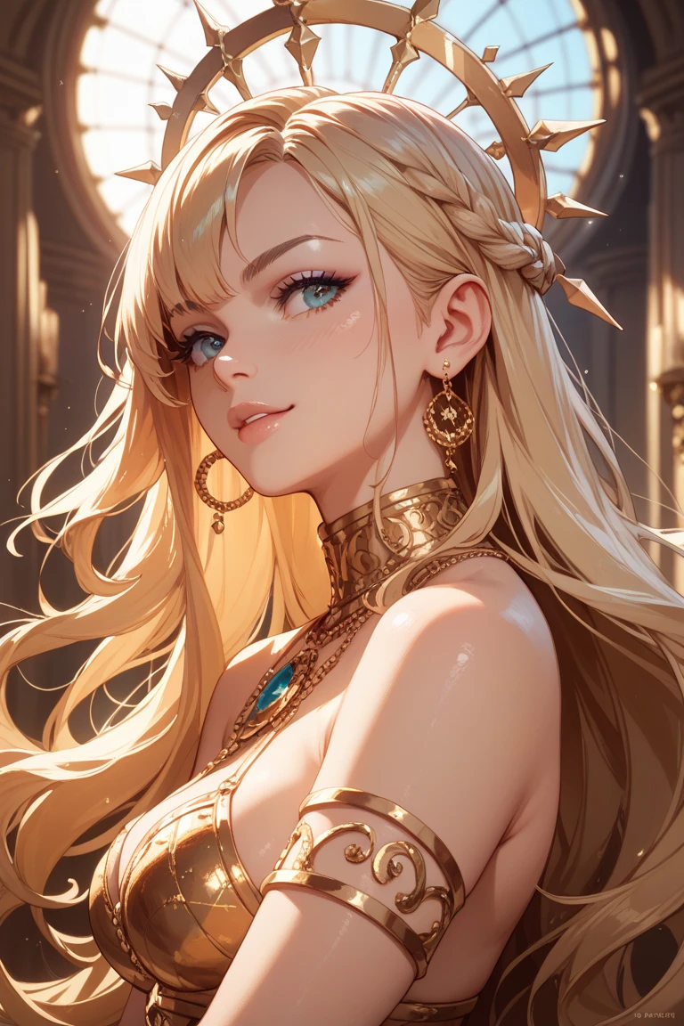 Princess , in castle, high quality, super quality, (detailed face:1.4) ,beautiful woman , golden eyes, long blonde hair , gorgeous dress, tiara, necklace , earring , sharpe eyebrow , beautiful bangs are covering her eyes , (huge breast:1.5)  ,upper body  ,slender , 