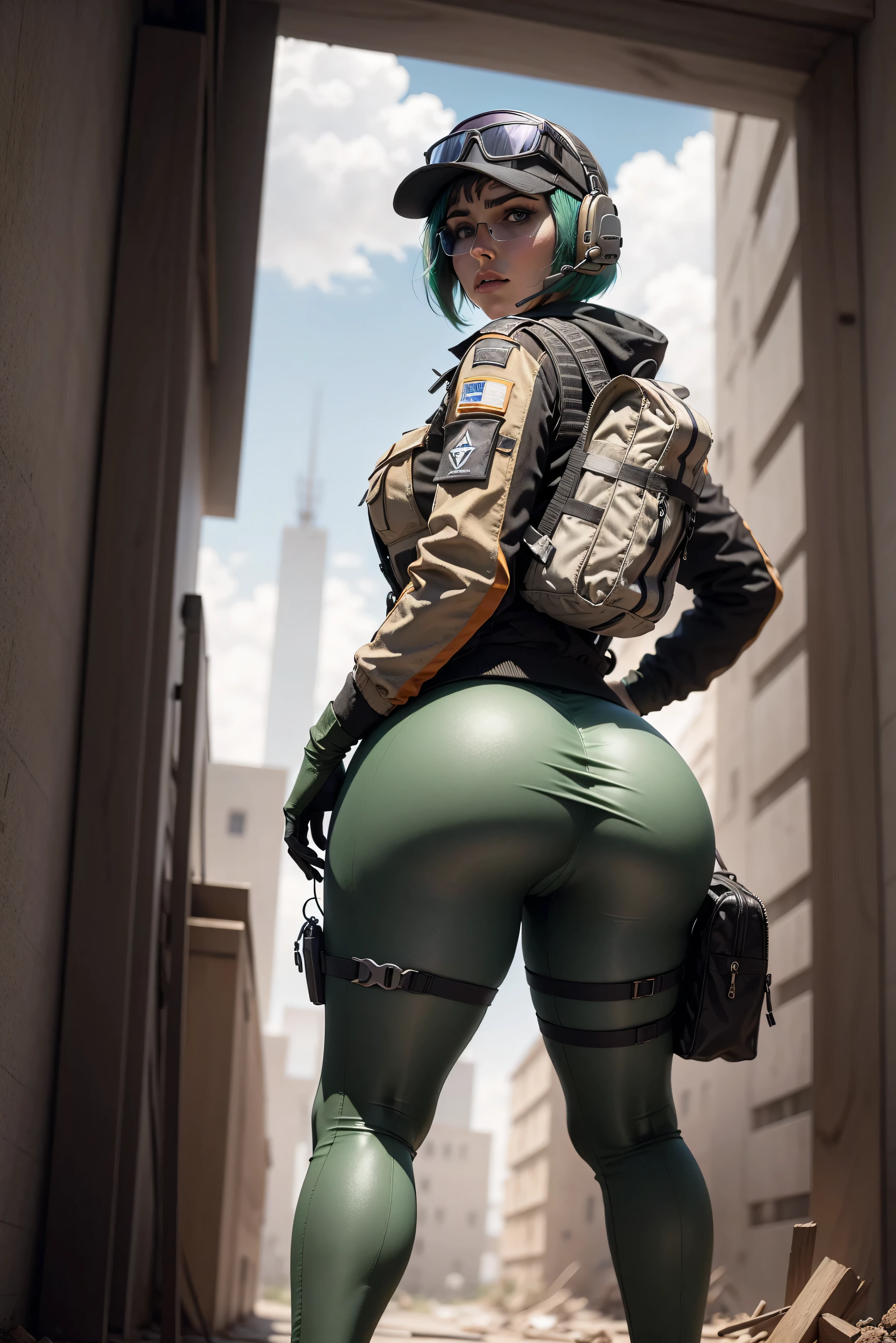 8K image has (Rainbow Six Siege)
, disguising, Alone, Green hair, bag ظهر, Shoes, has , glasses, glasses on headwear, has , looking at scenes, jacket, I stumbled, bag, short hair , Headphone, blue eyes, disguising jacket, gloves, bag الخصر, I stumbled down, thigh bag الخصر, wireless antenna, military, Headphones, legingole object)), piercing eyes, looks at the viewer, dynamic position, ((construction site background الضخمة :1.0), looks back, ( huge ass :1.4)
, best quality, (Very realistic:1.2), looks at the viewer, film grains , construction site scene, construction site background, ruins, low angle
, Dark scene , Edge Lighting , two-color lighting, dimly lit, Low-level HDR,