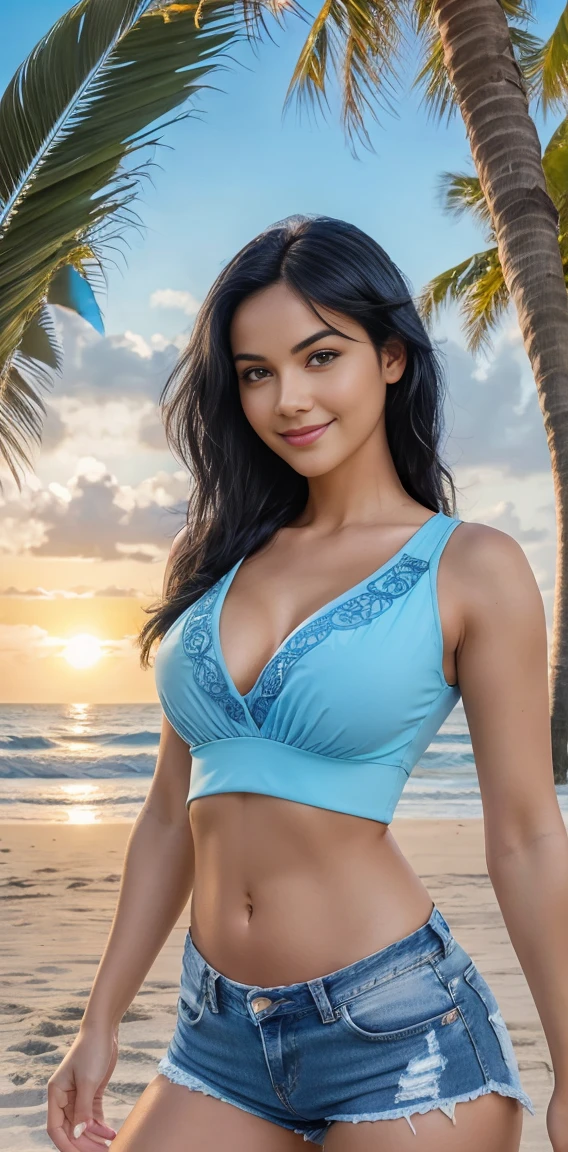 Realistic photo of a woman, mischievous smile, trendy top with blue shorts denim, sexy legs,round deep navel, 36D, in a beach, sea waves palm trees setting sun in the background, soothing colors with intricate details, realistic face, realistic body