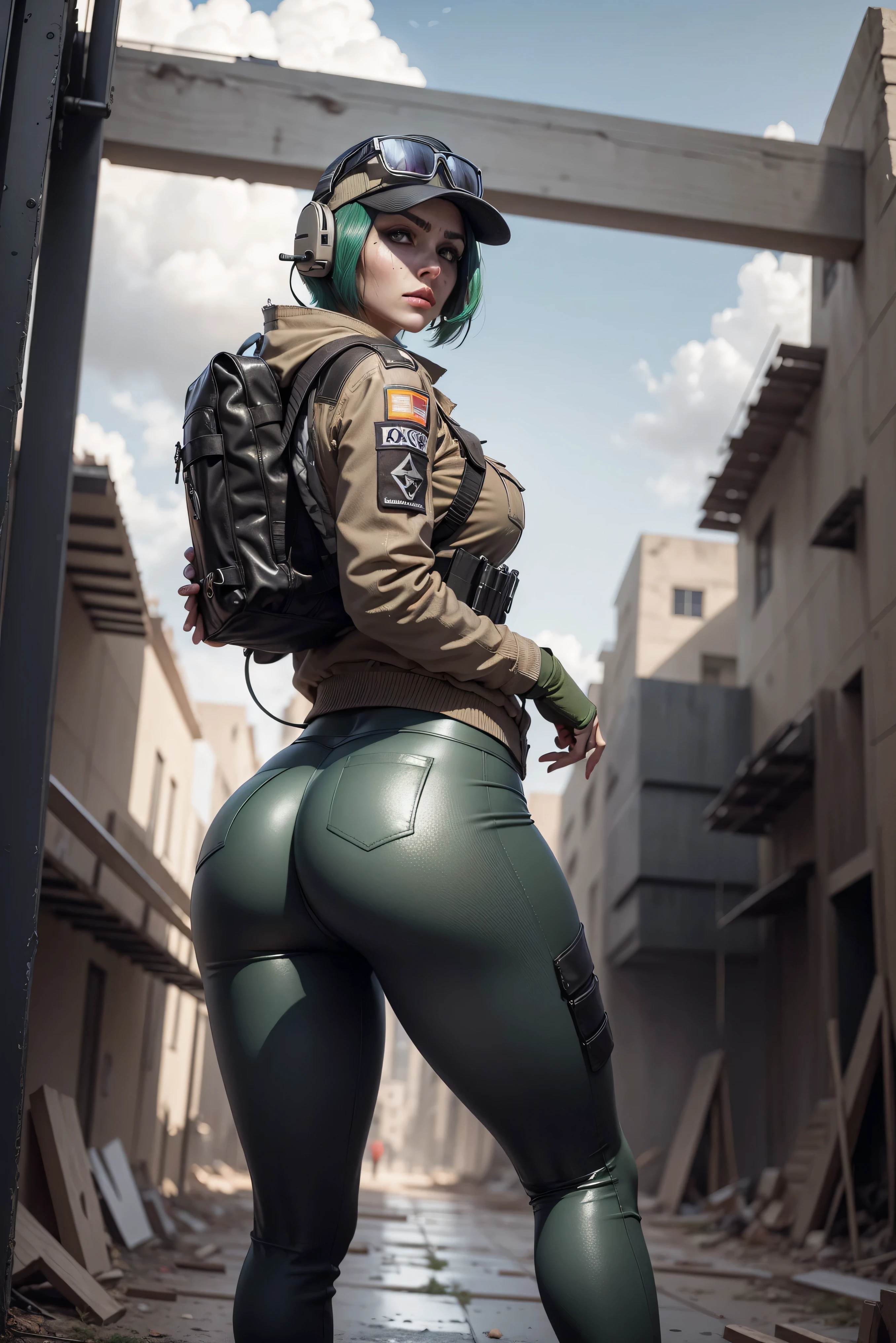 8K image has (Rainbow Six Siege)
, disguising, Alone, Green hair, bag ظهر, shoes, has , glasses, glasses on headwear, has , looking at the viewer, jacket, I stumbled, bag, short hair , Headphone, blue eyes, disguising jacket, gloves, bag الخصر, I stumbled down, thigh bag الخصر, wireless antenna, Military, Headphones, legingole object)), piercing eyes, look at the viewer, dynamic position, ((construction site background الضخمة :1.0), heads looking back, ( huge ass :1.4)
, best quality, (Very realistic:1.2), look at the viewer, film grains , construction site scene, construction site background, ruins, low angle
, Dark scene , Edge Lighting , two-color lighting, dimly lit, Low-level HDR,