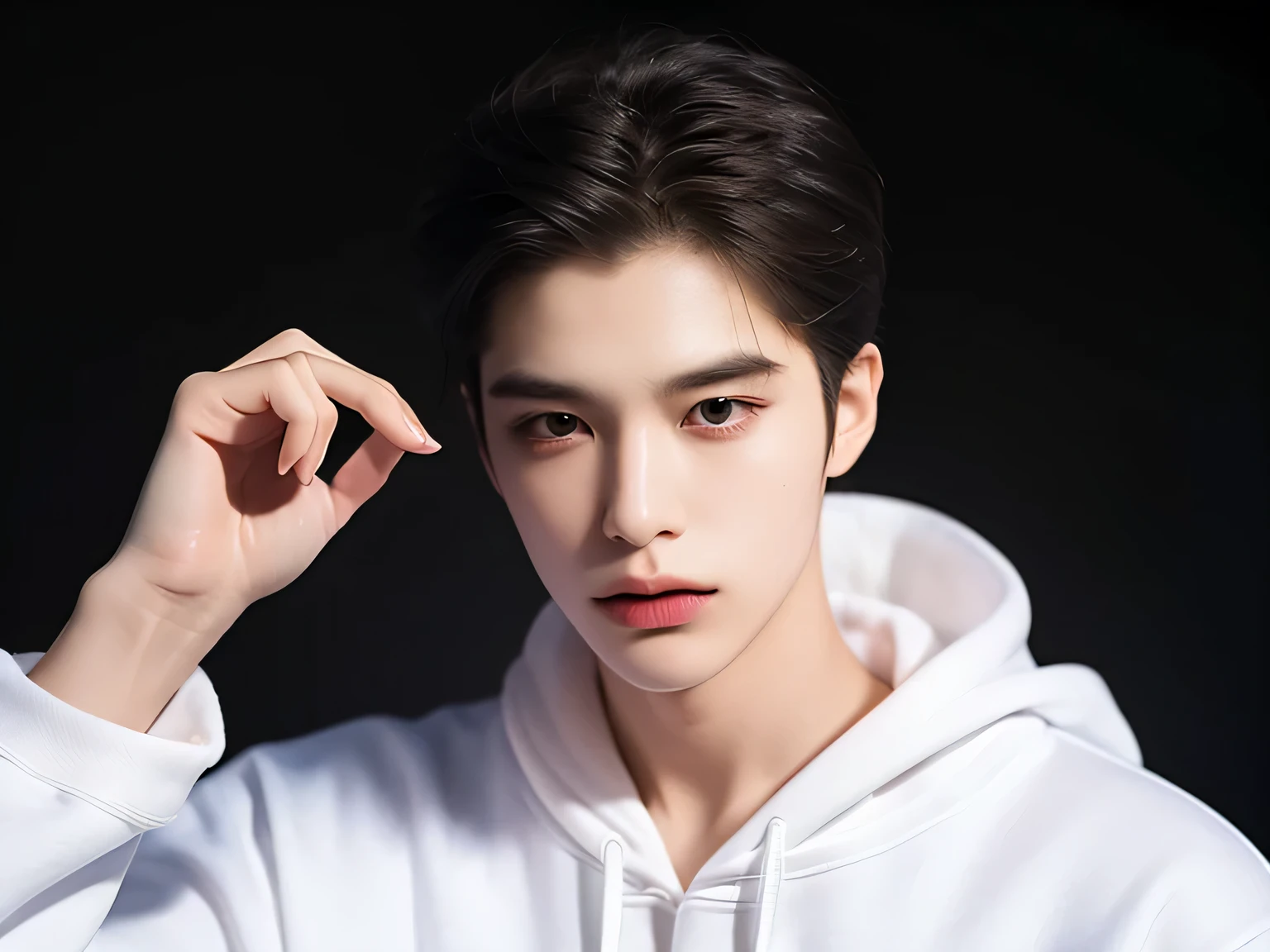 20 year old man, Very handsome , stars of the Korean series, White skin, handsome, classic side part hairstyle, black background, Masterpiece, Best Quality, a man, Detailed image, clear, Shiny, Very handsome , half body model, with left arm in front, Push the palm in front of the camera, wearing a white hoodie, One Man, reflect, cold front, front view, Body image .
