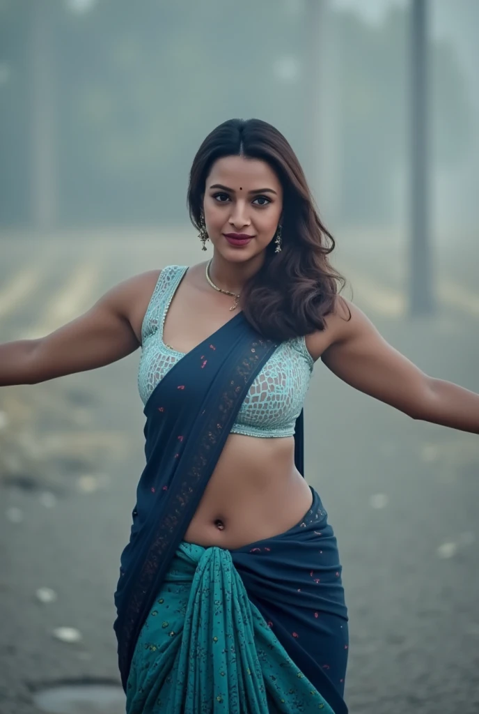 (impressionist masterpiece oil painting depicting closeup) of a (solo:1.2) alluring sexy curvy Indian princess Aditi Rao Hydari, waking in rain to college, (college bag), (cute belly:1.2), wearing beautiful printed wrapped crop top & sheer cotton pants, city traffic, clothes blowing in wind, reflections on wet street, shiny heels, 40's fashion, long brown wavy hair with highlights,, vivacious, lustful glance, exhilarated (beautiful detailed eyes:1.1) , (passionate expression:1.2) intense dramatic lighting, falling leaves and flowers bokeh, backlit, light rays, highly detailed, trending on artstation, paint splashes, rich colour, rain & wind all around,(perfect wavy hairstyles), abstract portrait, by Atey Ghailan