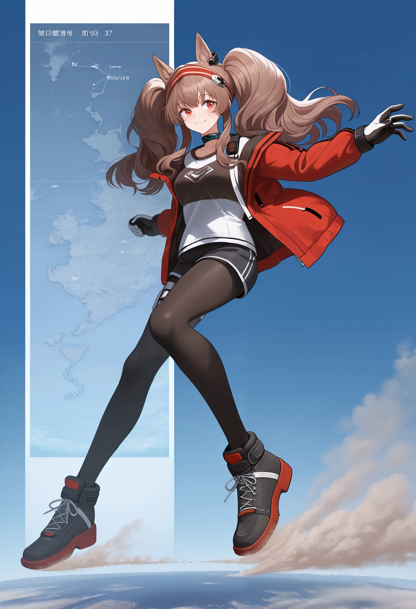 score_9, score_8_up , score_7_up , Angelina \(arknights\), 1girl , long hair, brown hair, twintails, sidelocks, red eyes, fox ears,giantess,woman bigger than Japan,Japan Map,Satellite imagery,,fullbody,Dust cloud, universe background,null,Landing after jumping,detailed face,,smile,fun,joy