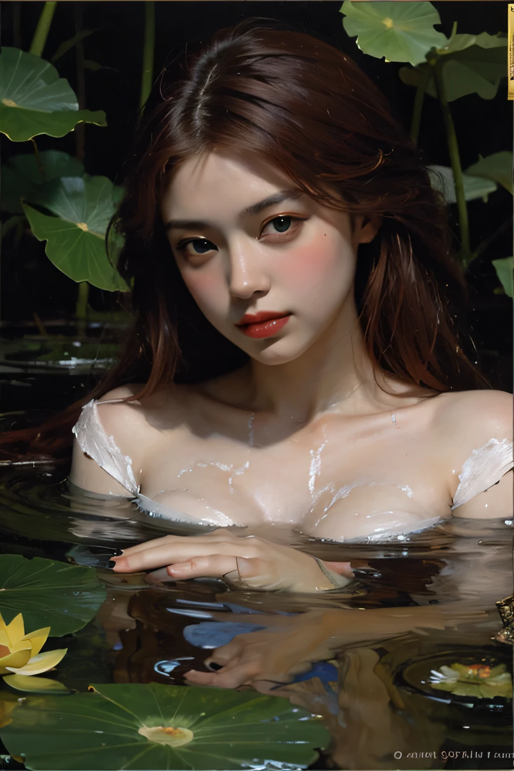 Hyperrealist Women by David Hockney and Alphonse Mucha、Well-formed face、Beautiful transparent waterside、((laying on back))、((float in the water))、morpheus、Are sleeping、Fantasy Art、photoRealstic、NSFW、barechested、１４age、fullnude、Dynamic lighting、art  stations、Volume Lighting、4 k、awardwinning、being thin、Slender body、Smaller chest、Ribs、lowkey、The long-haired、Live-action background、fullnude、fullnude、Luxurious hair ornaments、poneyTail、８Head and body、A slender、Very skinny、Luxury、skinny、tiny chest,Ribs、discreet breasts、Smaller chest、small tits、beauty legs、Constricted waist、dented belly、Beautiful hair、Lying soaked、Water droplets on the body、wetting hair、