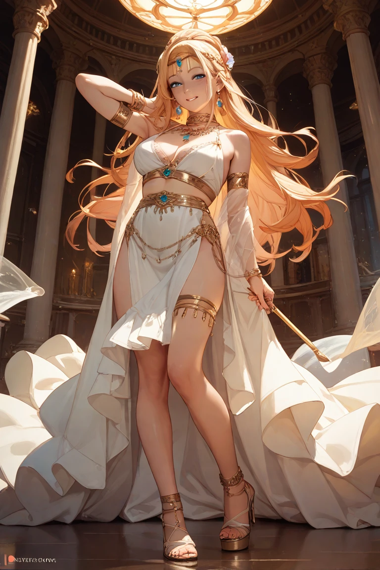 masterpiece, beat quality, a mature female, goddess, flirtatious, white greek peplos, bare shoulder, flowing clothes, full body, thighs, arms up, lips, expressionless, light smile,