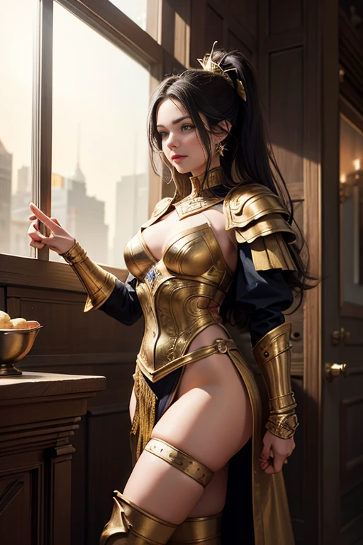 8K,Masterpiece,(female knight),whole body,Separate Steampunk Armor,Slender figure,Long Hair,Realistic, Sci-fi fantasy,female game character,Cleavage,(White panties),front,Pose to sit on a high-class chair with a backrest