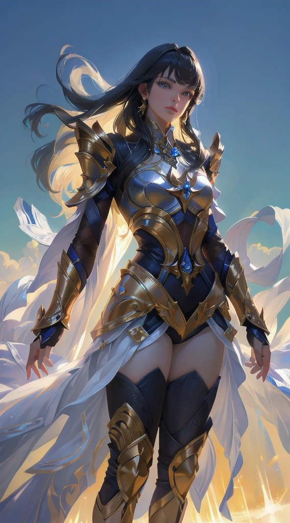 (Perfect Anatomy)、Mastepiece、Ultra High Quality、 8k、masterpiece、Highest quality、Ultra-high resolution、Maximum resolution、Very detailed、Professional Lighting、anime、woman、thin、so beautiful、Highly detailed eye、Highly detailed face、Blue and white armor, , Golden decorated luxury tiara,Golden earrings,Frilly Armor,Light blue hair, blue eyes,White underwear、Gloss Lip、Pink Lips、grassland, full body, dynamic angle, dynamic pose, Heroic pose, pillars of ice, (((long sword))), (((shield))), Defending with water magic, goddess armor, high heels, floating hair, Detailed armor patterns