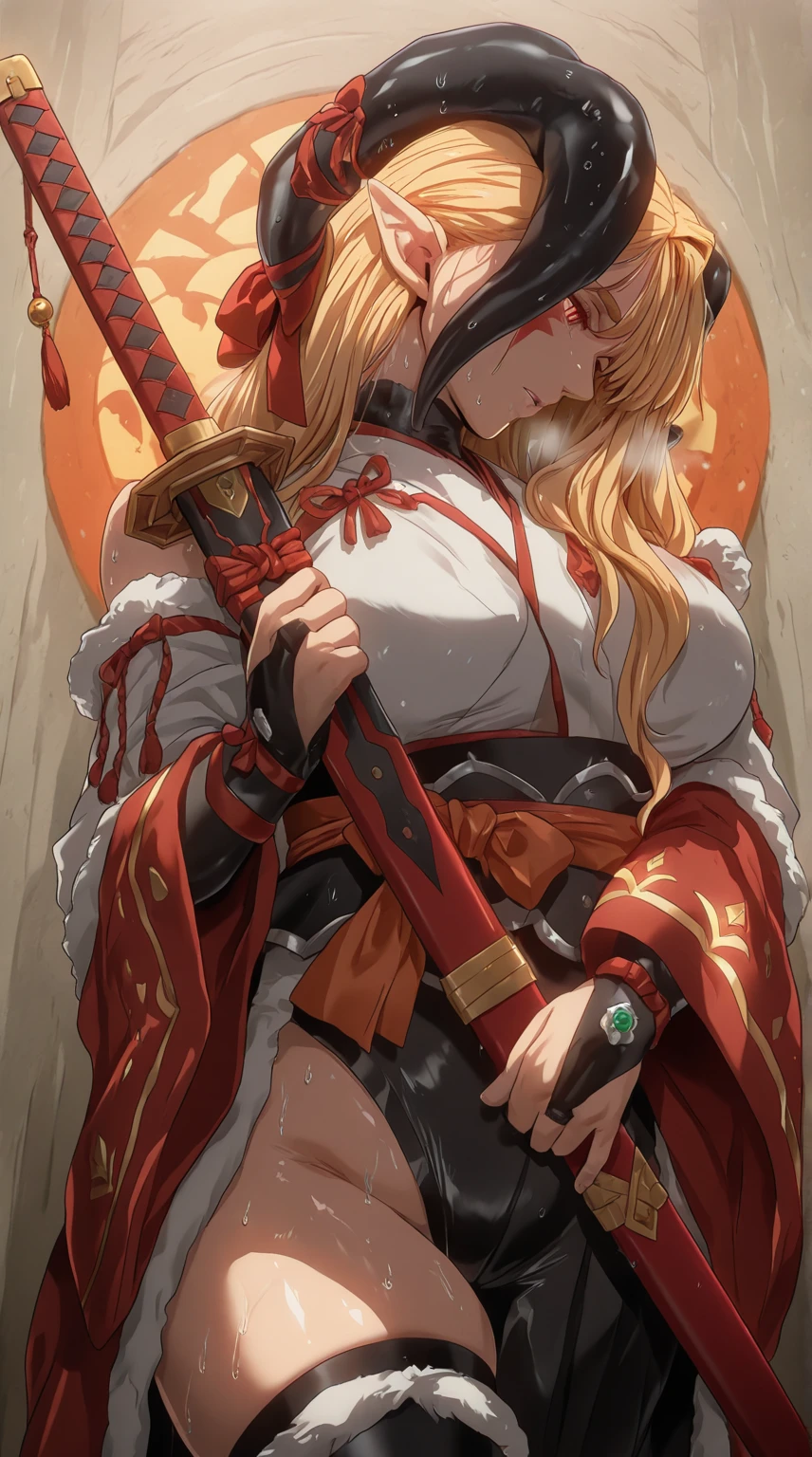 (marumoru-style:1.2), (yd \(orange maru\)-style:1.4), (harayutaka-style), manhwa, anime coloring, anime screencap, anime-style detailed background, vignetting, masterpiece, high quality, absurdres, best quality, very aesthetic, newest, dynamic composition, anatomical correct, HD, 4K, digital art, trending on ArtStation, perfect body, perfect eyes, perfect fingers, gasping, heavy breathing, excessive sweating, sweating, sweating profusely, gasping profusely, cinematic, ((skindentation)), ((curvy)), drca, horns, blonde_hair, horns, red_eyes, long_hair, pointy_ears, facial_mark, slit_pupils, bright pupils, ((flabby stomach)), plump, 1girl, weapon, sword, solo, japanese_clothes, katana, kimono, sheath, tattoo, holding_weapon, sheathed, jewelry, holding_sword, holding, sash, 