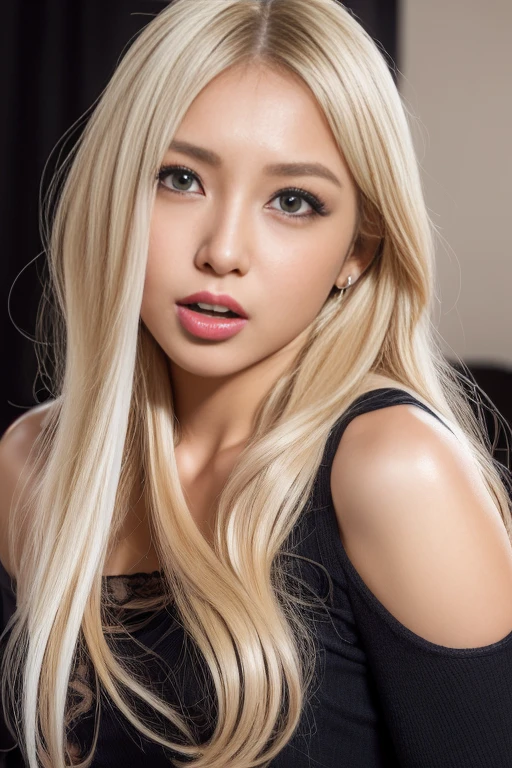 (masterpiece:1.4), (best quality:1.4), ultra high res, ultra high resolution, ((detailed facial features)), HDR, (realistic, photorealistic, photo-realistic:1.37), closeup, sexy seductive Thai woman, (seductive smile), long lashes, beautiful makeup, platinum blonde hair, fair skin, slender figure, elegant posture, wearing large sparkling colorful jewelery, wearing a business style leather dress, standing in a large shopping mall, gentle sunlight shining through the shopping mall windows, casting a soft glow on her face, adding warmth to the scene, vibrant colors, capturing the essence of vibrant city life, portrait style, showcasing her natural beauty and grace in a feminine way