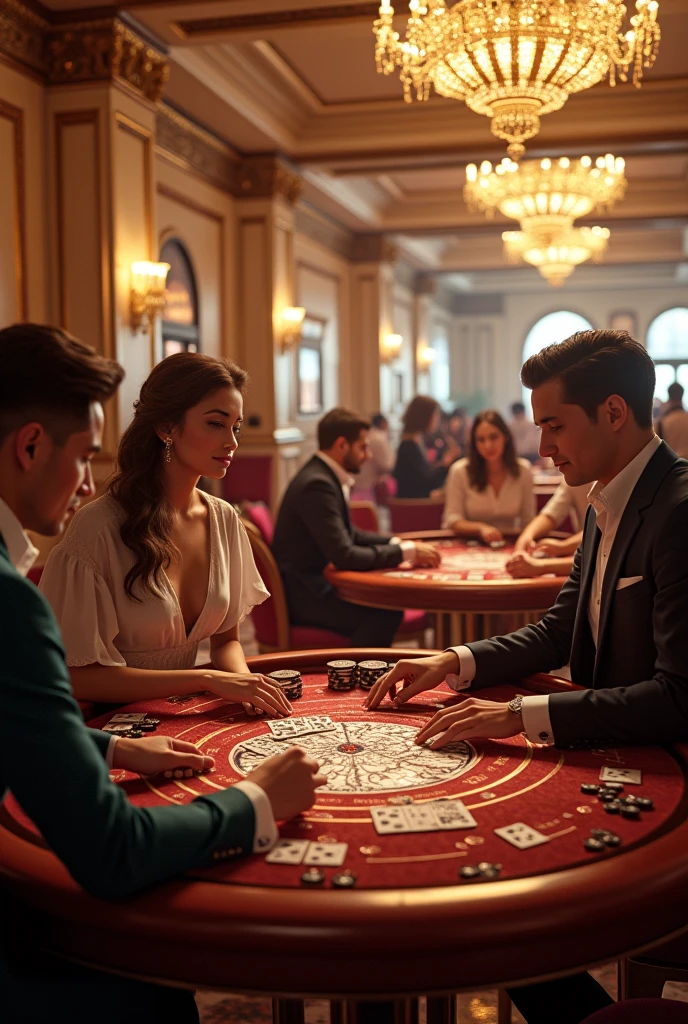 A beautiful girl wearing a deep red and black dress showing off her figure and a handsome man wearing a black suit with a red cloth on his chest pocket. Both are holding baccarat cards, looking confident, sitting in front of a baccarat table, in a casino that looks relaxed and fun. Real shot, long shot, high definition shot.