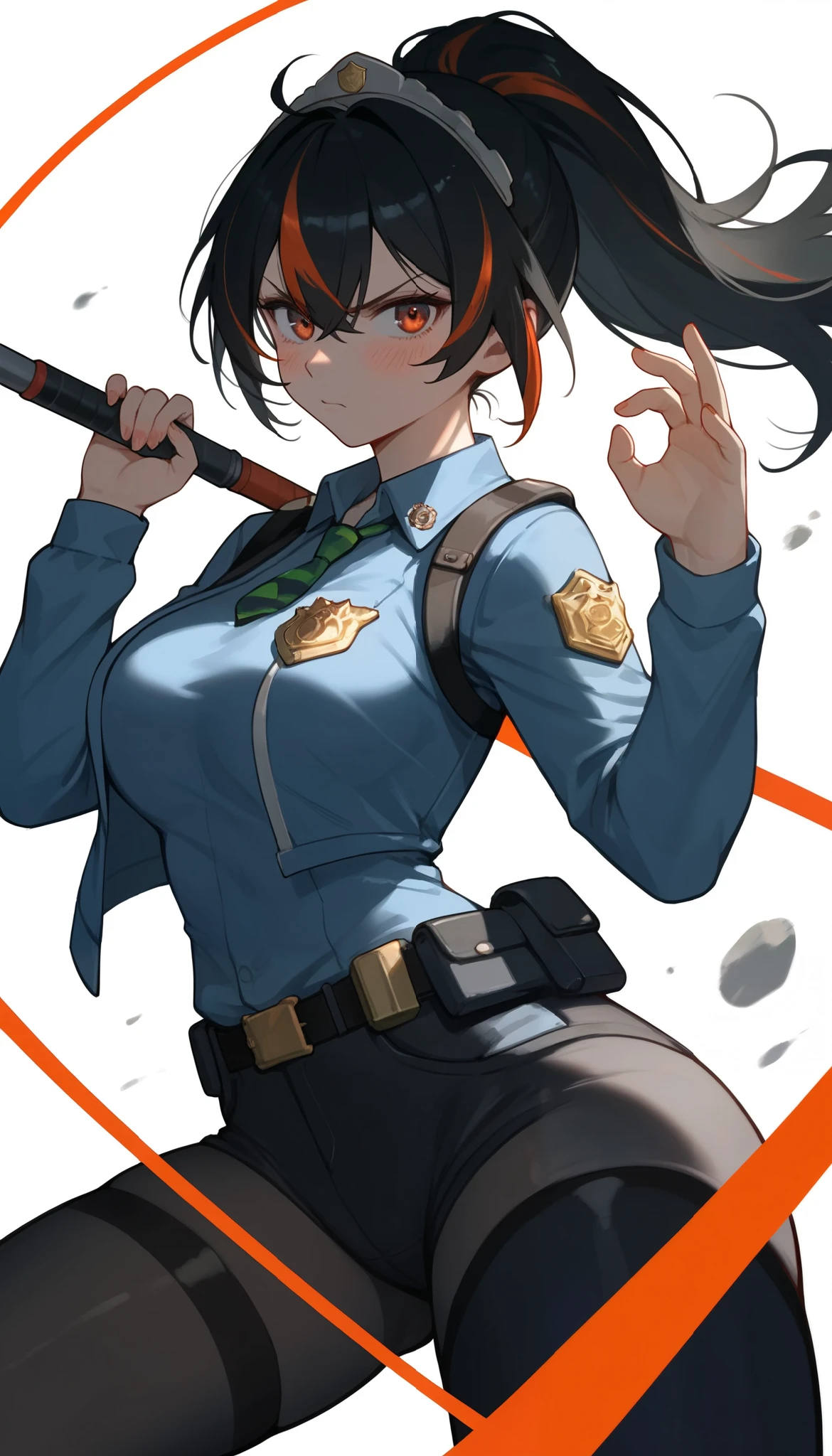 score_9, score_8_up, score_7_up, score_6_up, score_5_up, score_4_up, (masterpiece: 1.0), best quality, 1girl , Alone, Viewer, simple background, an angry expression, Disdainful eyes with a baton in hand , Battle Pose , blush, Disdainful Eyes, Black Stockings, Police Uniform, big breasts, style: midjourney, zhu_Yuan, white background, remote shot, White Space