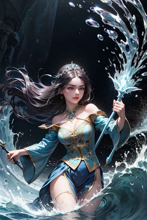 girl with a fire in her hand and a crown on her head, closeup fantasy with water magic, beautiful digital artwork, fantasy art style, fanart best artstation, asian female water elemental