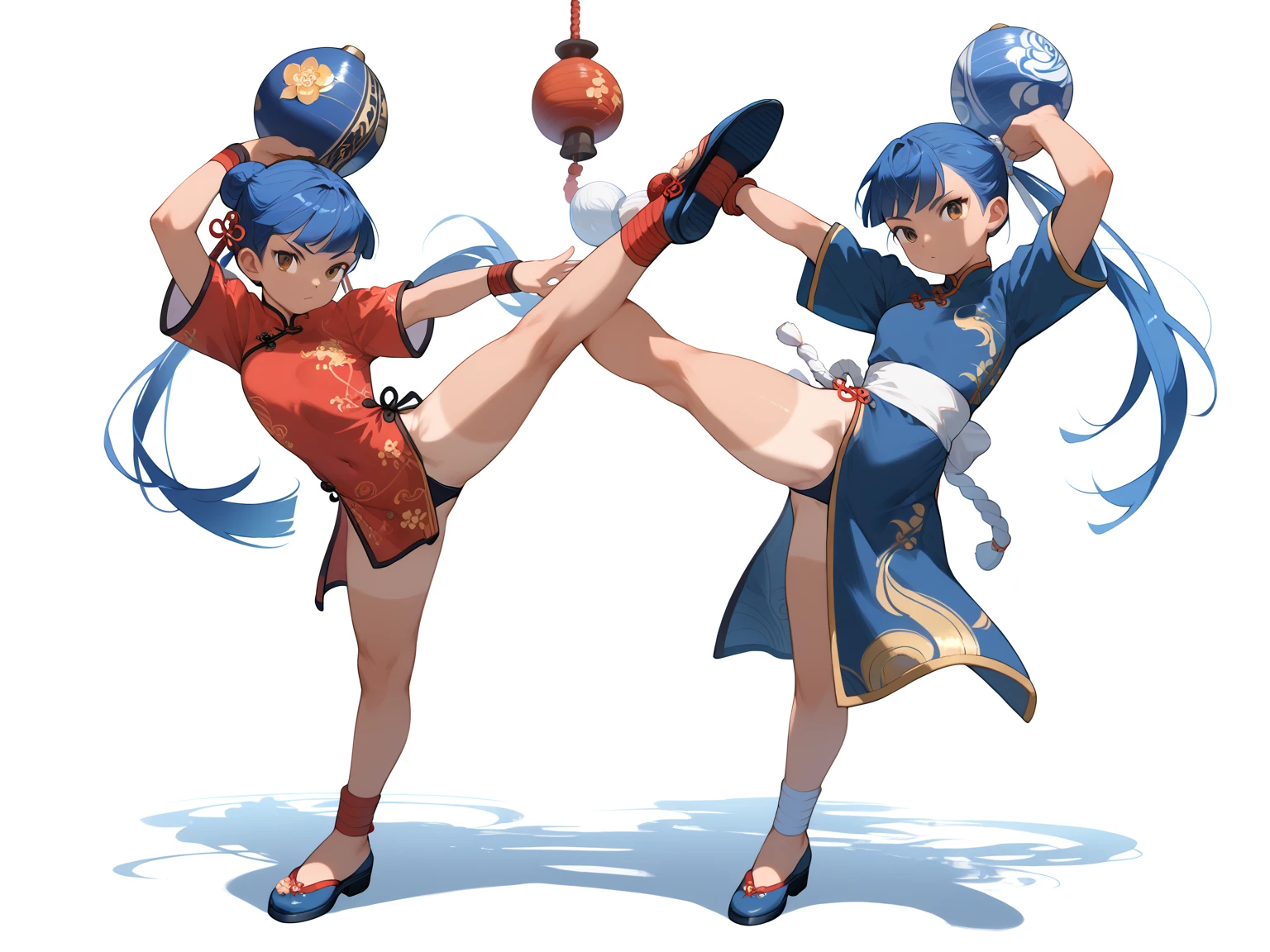 high quality,((megami magazine,anime style)),high resolution,blue hair,arms up,hand on own ass,tanlines,full body,china dress, high kick,Kung Fu Style,While drinking gourd liquor,