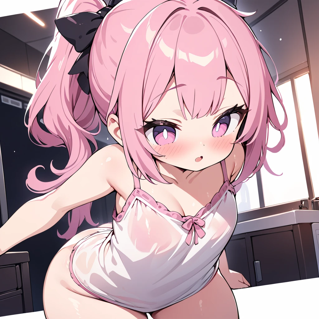 View of the camera from afar, you can see a girl with pink hair, long double-tailed hairstyle ((small thick pink eyebrows)), dressed in ta clothes, marked vagina, lolidrawing style (Zankuro) by the zankuro artist, Zancro style, image uploaded in R34, sucking penis in an alley, deep throat, cum bubbling out of her mouth,
