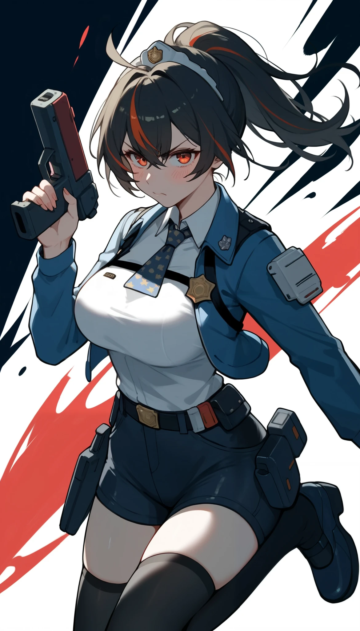score_9, score_8_up, score_7_up, score_6_up, score_5_up, score_4_up, (masterpiece: 1.0), best quality, 1girl , Alone, Viewer, simple background, an angry expression, Disdainful eyes with a baton in hand , Battle Pose , blush, Disdainful Eyes, Black Stockings, Police Uniform, big breasts, style: midjourney, zhu_Yuan, white background, remote shot, White Space