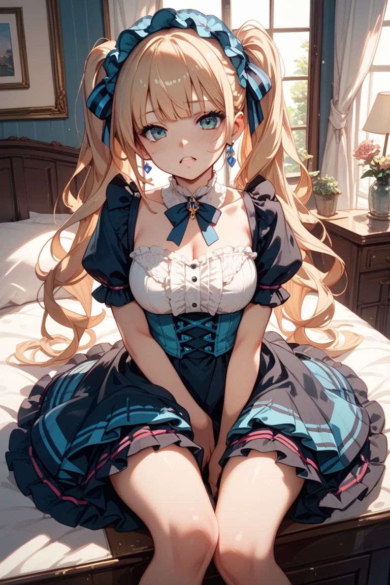 masterpiece,Highest quality,One girl,alone,Blonde,blue eyes,Prostitute,lie on bed,
