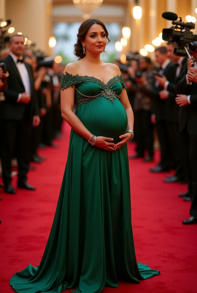 A brunette girl, green-eyed, curly-haired pregnant woman in a fancy green party dress at a big event