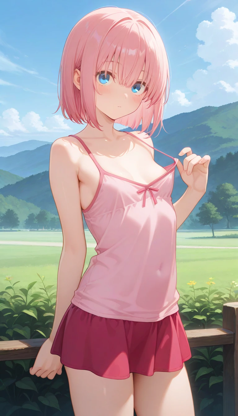 (masterpiece), Going out,cherry blossoms, Outdoor, One girl, Off-the-shoulder serafuku, Medium Hair, Pink Hair, smile, Medium chest, Her belly button is visible,Particles of light, Speckled sunlight