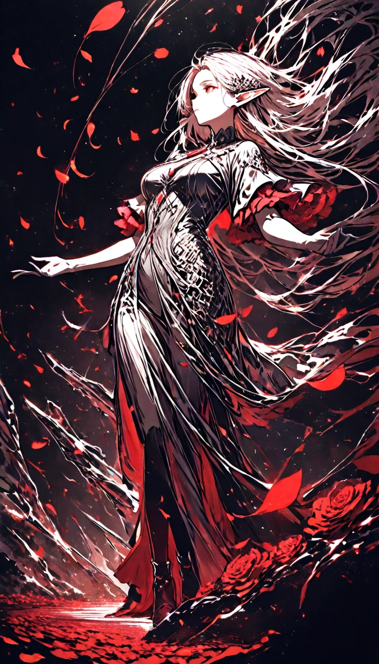(very delicate, Masterpiece, Excellent lighting and shadows, HD wallpaper 8K), woman, devil, white skin, plump lips, red lips, With pointed fangs., white hair, red left eye, right eye black, wear red dress, French dress, amidst the flames, alone, stand, warm tone