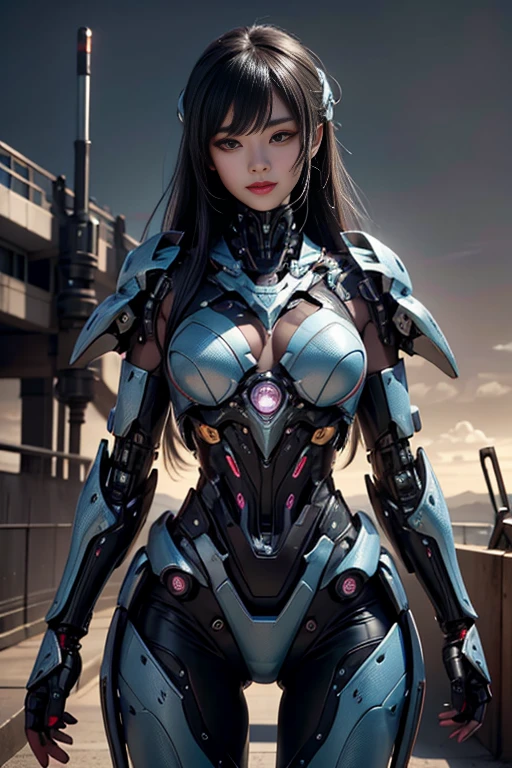 （Fight against mechanical robot soldiers）、top-quality、​masterpiece、超A high resolution、(Futuristic machine gun、holding knive),（Wearing futuristic glasses）、(Photorealsitic:1.4)、Raw photo、女の子1人、Black hair、glowy skin、((1 Mechanical Girl))、((super realistic details))、portlate、（Small LED lamp）、Wire tubes that glow all over the body、(With state-of-the-art weapons),globalillumination、Shadow、octan render、8K、Armpit、ultrasharp、Colossal tits、Small LED lamp、Raw skin is exposed in cleavage、metals、blood vessels connected to tubes、With weapons、Red bodysuit、Armpit、Cyberpunk city background、Details of complex ornaments、Japan details、highly intricate detail、Realistic light、CGSoation Trends、Blue eyes、radiant eyes、Facing the camera、neon details、（Helmet of the Brave）、Mechanical limbs、blood vessels connected to tubes、Mechanical vertebrae attached to the back、mechanical cervical attaching to neck、Wires and cables connecting to the head、Gundam、Small LED lamp、Toostock、Toostock、Futuristic machine gun、Knives、(Silver Metallic Bodysuit),