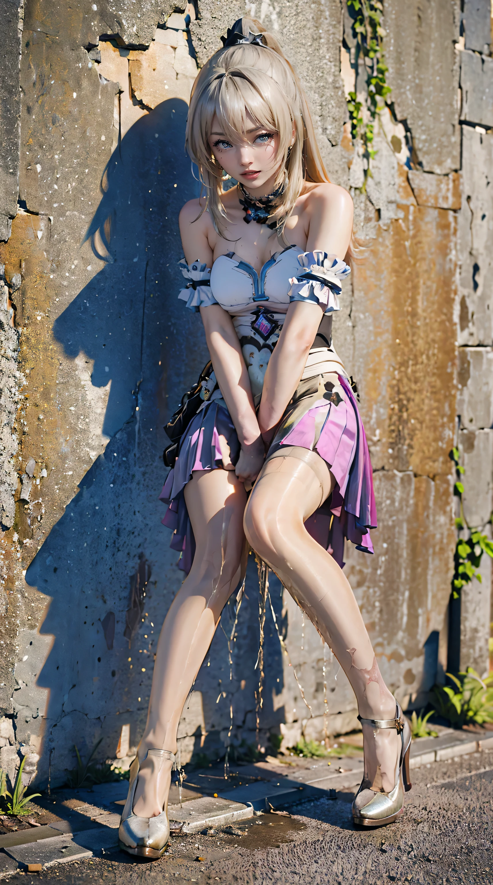 urination:1.4),(is embarrassing:1.2),prom dress, miniskirt, sexy pin heels , high heels, pantyhose, super long hair,Katyusha pees herself, Wetting clothes, Face of pee I can't stand , The desperation to pee myself , urination imminent pose , her body can't hold urine 、peed out of desperation in the middle of the city, it's a woman who pees and puts her legs down, stand up, Hyper Pee Desperate Face , big puddle of pee