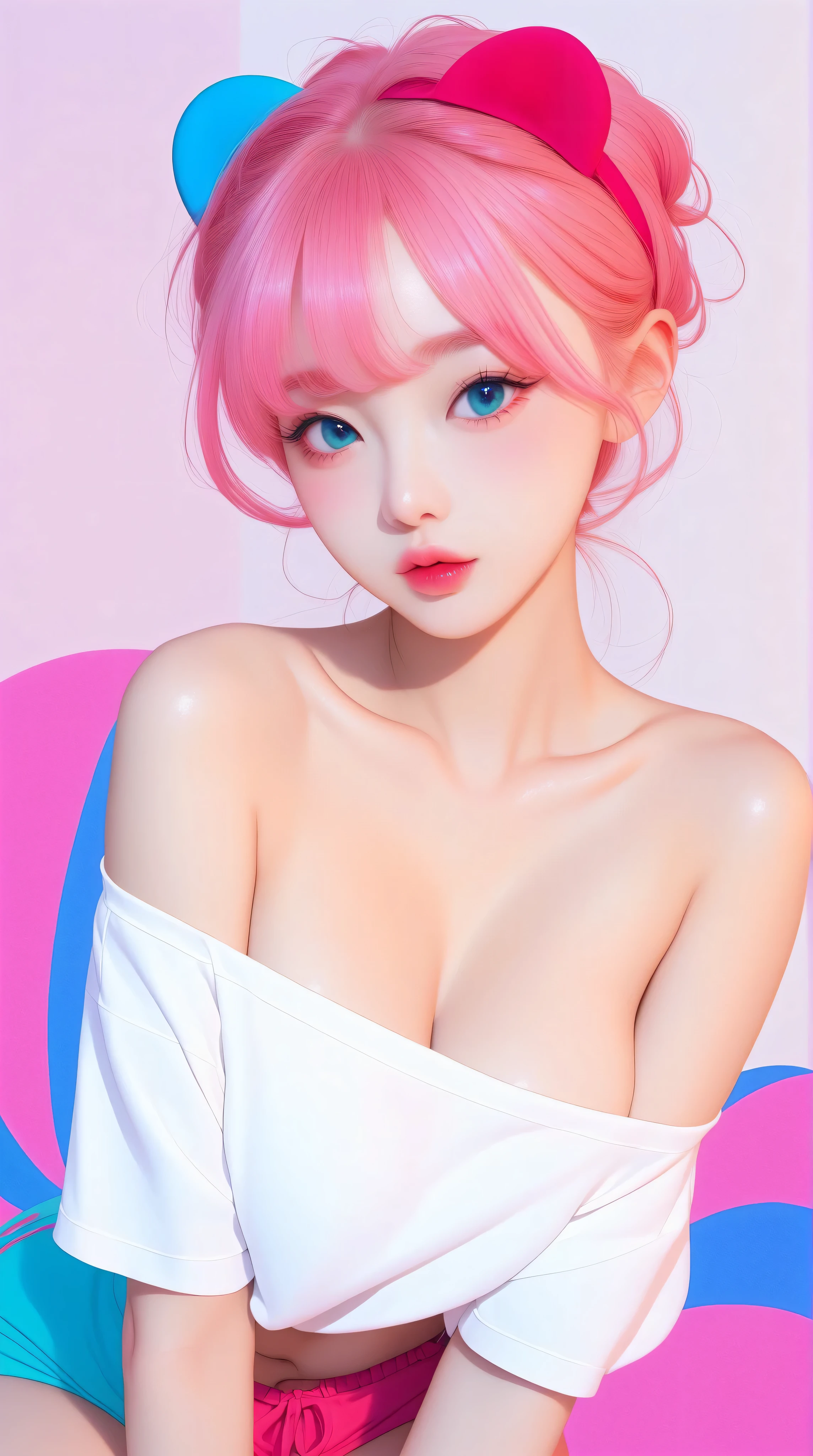 edgCD,crochet dress,wearing edgCD, ((knee shot)),（masterpiece、best quality、high resolution），((Practical)),（Colored background)，（Splash of Color），Sweet girl，Light Blue和白色的长发，(Light Blue, Pink Hair)，curls，shining，((Visible cleavage)), ((Type I Valley)), ((E cup)), Red and pink lips，Large cracks，Splash of Color，Volumetric Lighting，Full breasts, Elegant Posture, Sexy slender legs