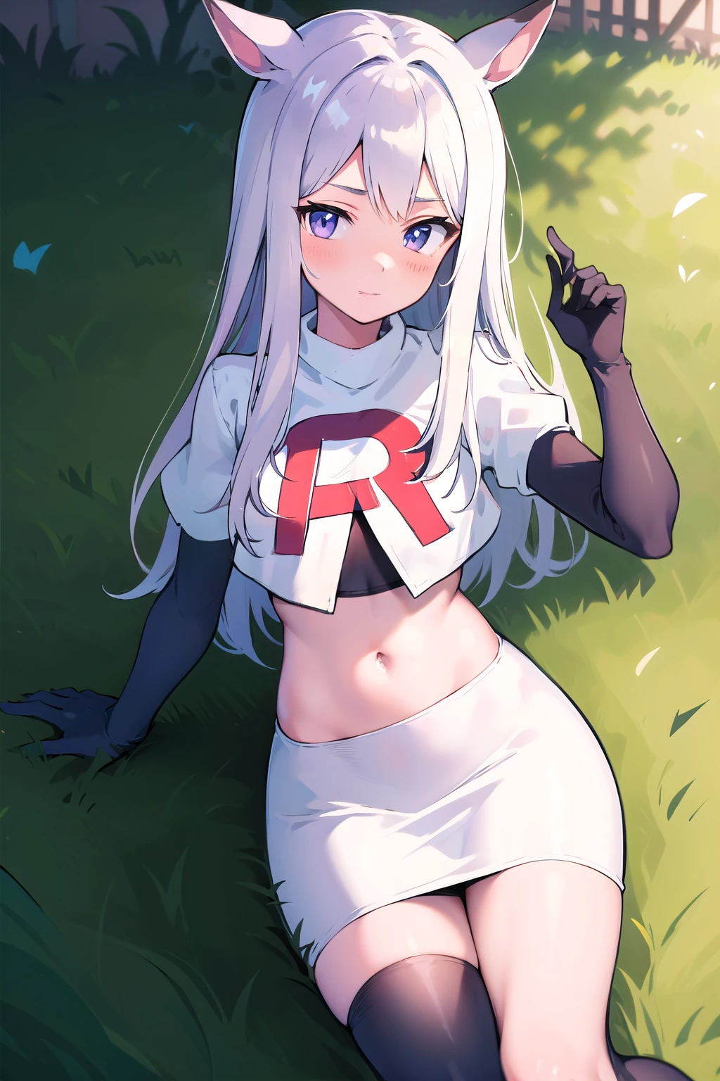 masterpiece, 8k wallpaper, best quality, 1girl, MejiroMcQueen, blush, looking at the viewer, grass, team rocket,team rocket uniform,white skirt,red letter R,crop top,black thigh-highs,black elbow gloves