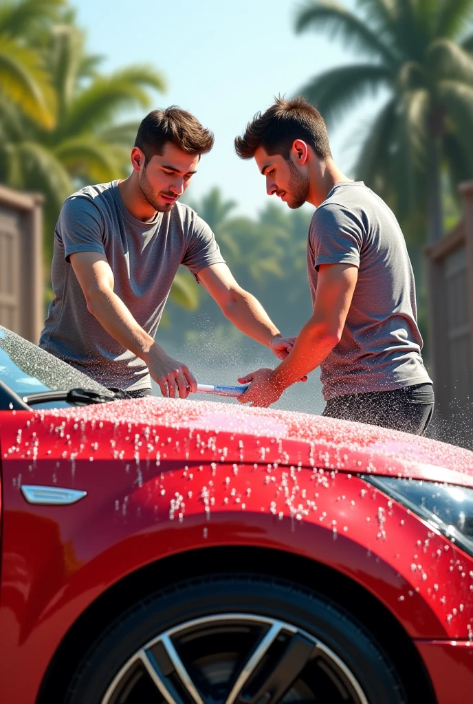 Soaking wey Frat bros in wet clothes wash each oyher at the car wash