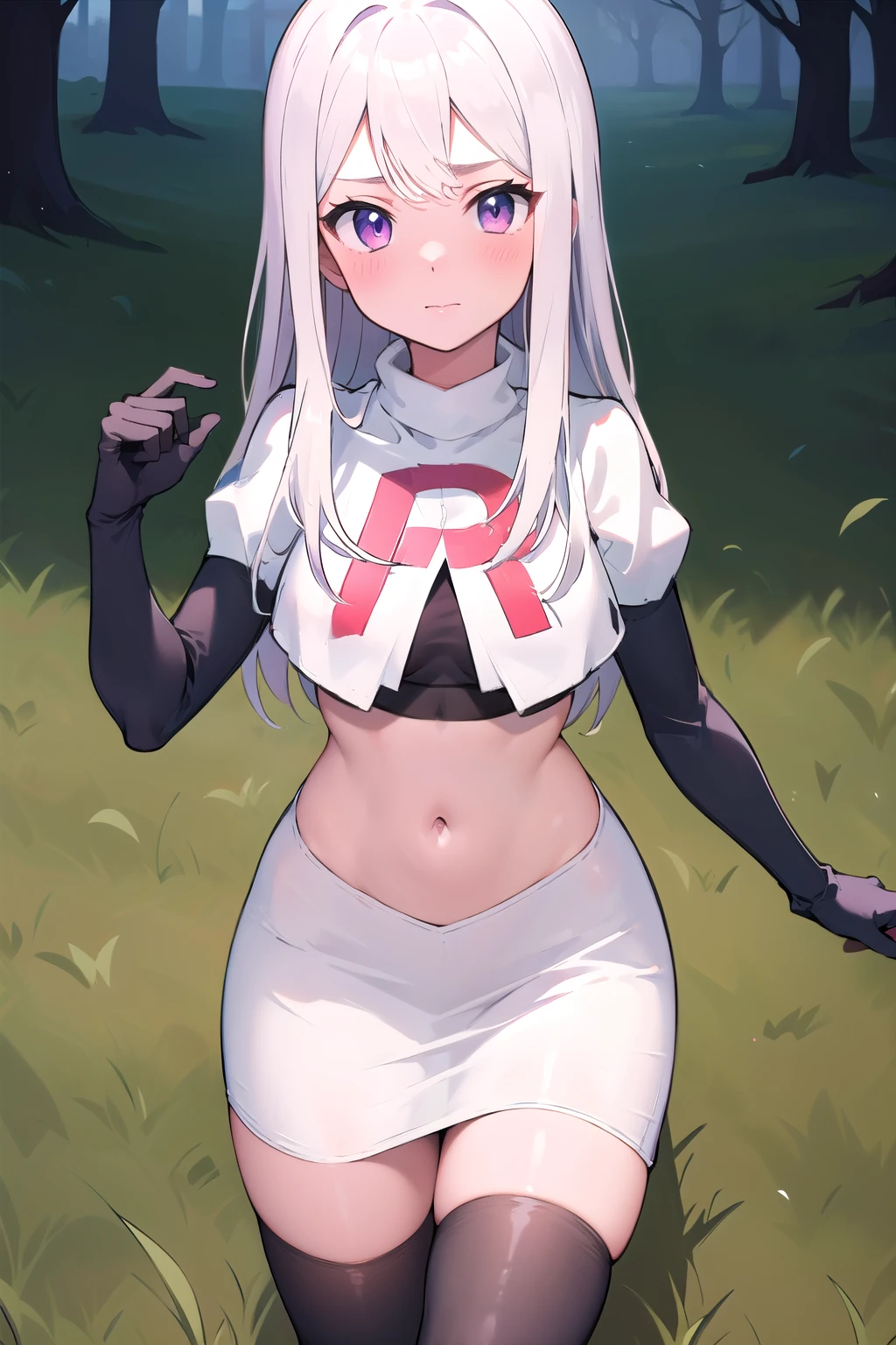 masterpiece, 8k wallpaper, best quality, 1girl, MejiroMcQueen, blush, looking at the viewer, grass, team rocket,team rocket uniform,white skirt,red letter R,crop top,black thigh-highs,black elbow gloves