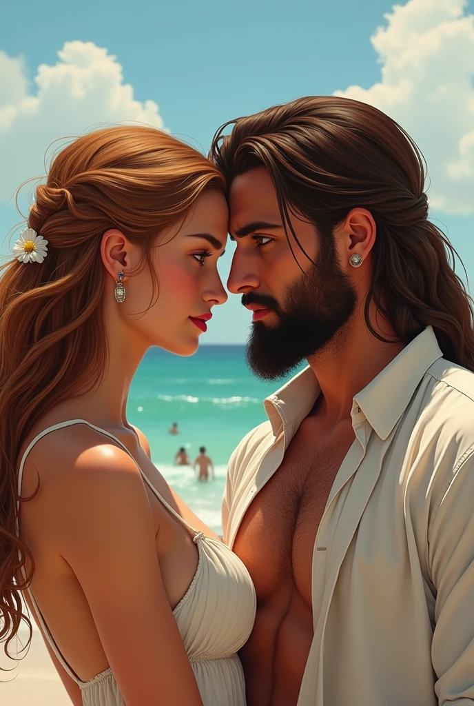 One Handsome Chad hugging three beautiful bitches tackling him and touching him,  dressed for the beach, perfect bodies, women: long flowing hair, flowers in hair, seductive, materials, golden hour, , jewelry, golden hour, photorealistic, masterpiece, in love, grins, perfect faces, Flirtatious, setting: a beach, harem, watercolor, on blanket