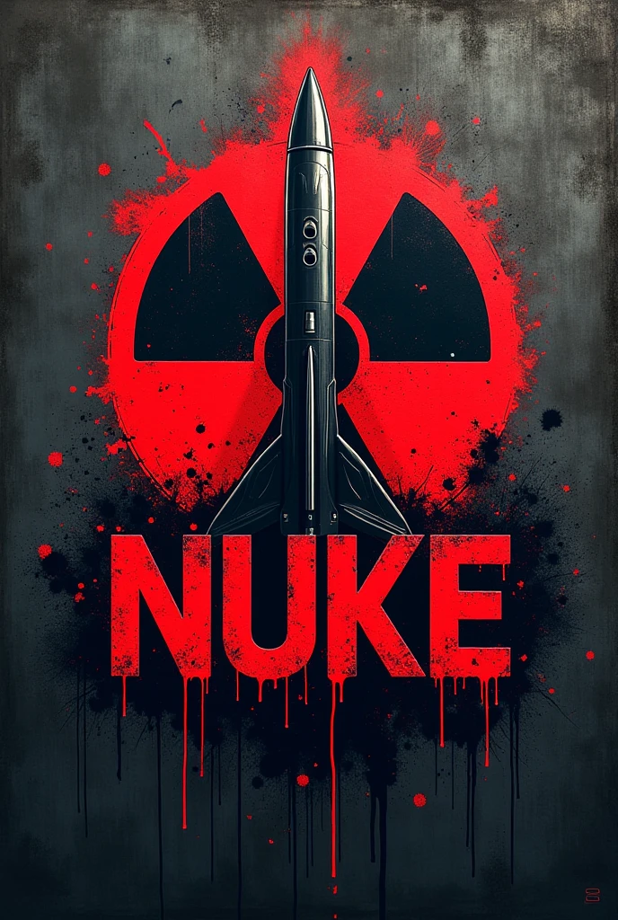 Create a logo with the nuclear radiation symbol, next to two AK47s pointed upwards. In the background a gas mask and zombies with blood. Below the logo written NUKE SQUAD, com fonte Bionic City. Above the logo the acronym NKS.
