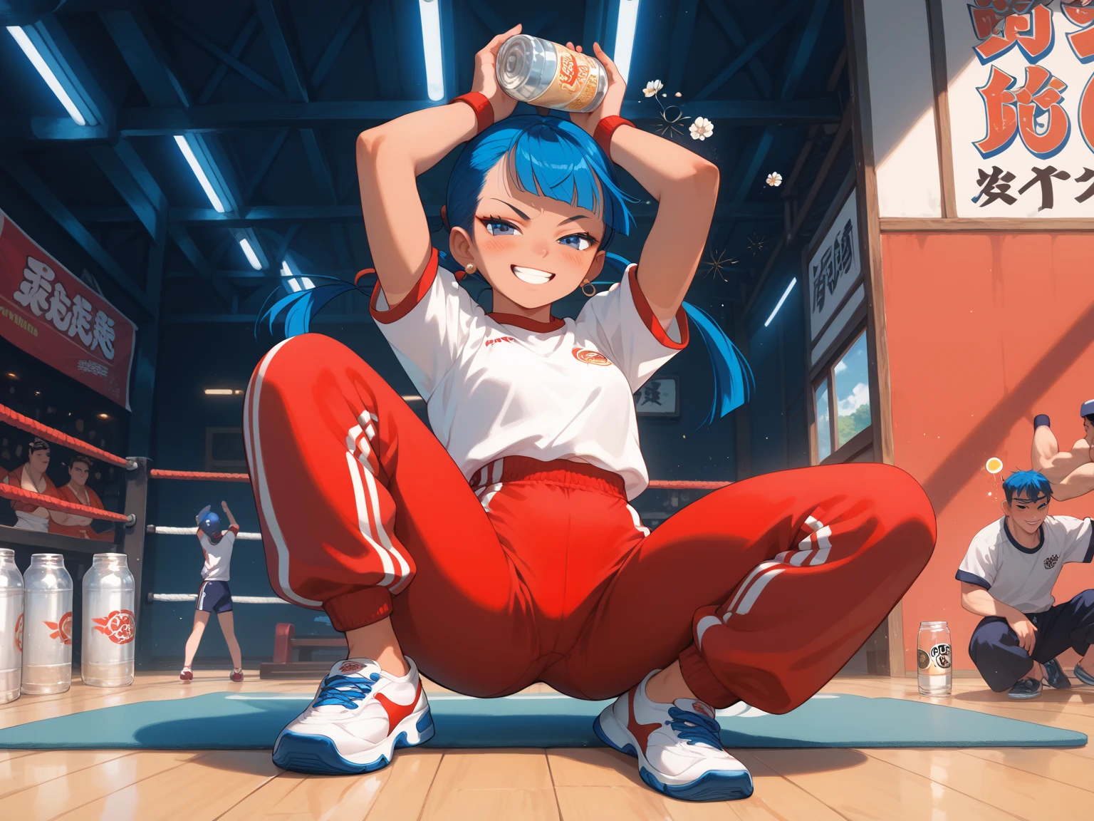 high quality,((megami magazine,anime style)),high resolution,blue hair,arms up,hand on own ass,tanlines,full body,,Hip Attack,Kung Fu Style,gym uniform,drunk, Read more,Long life,grin,