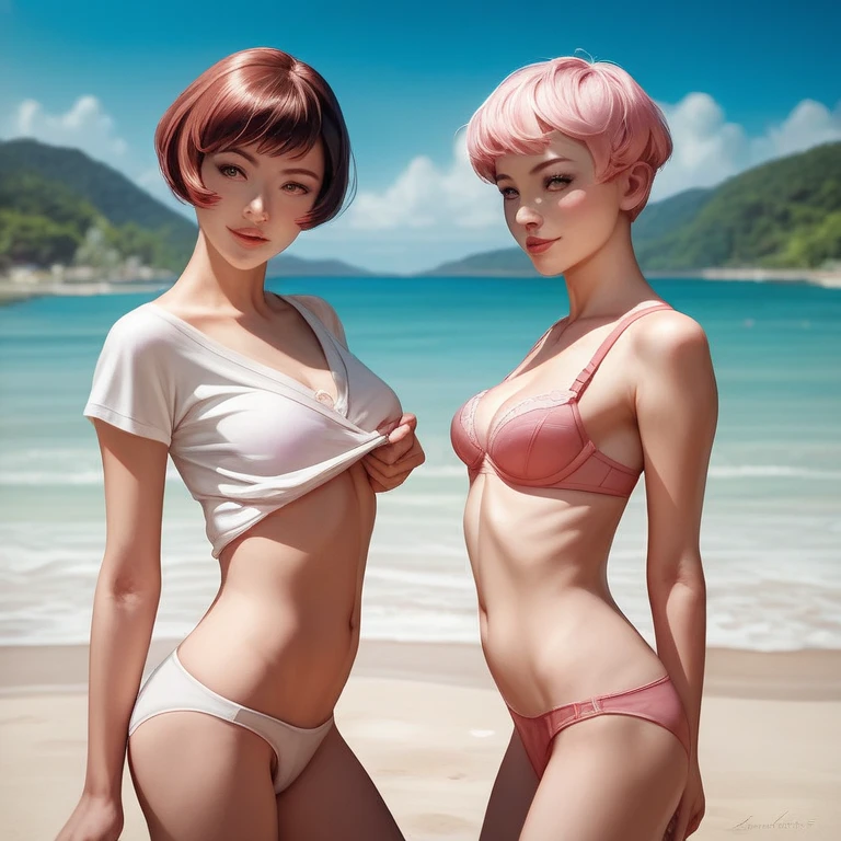 Tan, bald, middle-aged white man with short beard and penis, and (((short-haired))) woman with vulva standing together on a deserted tropical beach