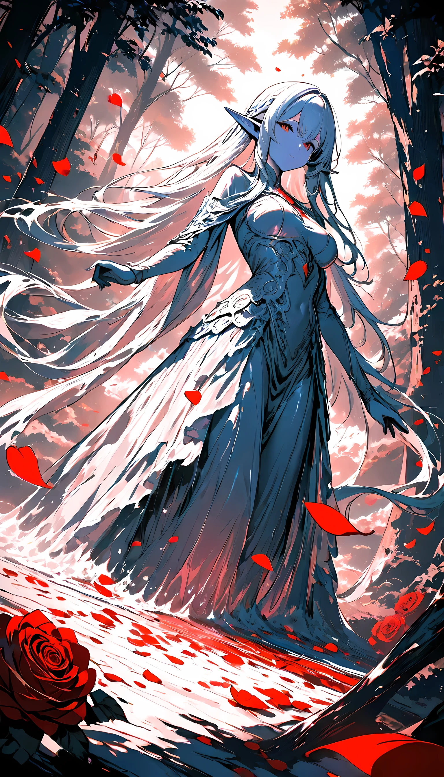 masterpiece, high score, great score, absurdres, anime comic picture, fantasy art, red petals falling from the sky on a beautiful female elf, standing in forest, cloud of red petals swirling around the ice statue, full body, beautiful elf, long icy hair strands, wearing icy dress, epic flowing (red petals: 1.3), swirling rose petals, fantasy forest background, it is dawn the sun rays reflect on the ice statue, sun rays hit the rose petals, ((high contrast: 1.5)) high details, best quality, 8k, [ultra detailed], masterpiece, best quality, (extremely detailed), dynamic angle, intricate details,
