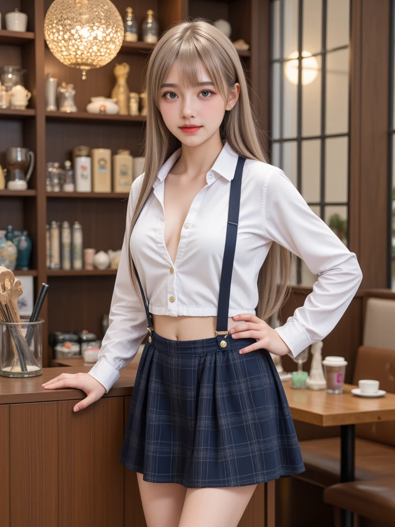 1 female、(american beauty)、(super beautiful)、(beautiful face)、(detailed face)、(fine eyes)、(detailed lips)、(Nose details)、above the knee shot、(Starbucks clerk:1.1)、(starbucks uniform:1.3)、(She lifts her skirt to reveal her white panties:1.4)、(barefoot)、(golden hair)、(standing in a starbucks store)、(At SFW)