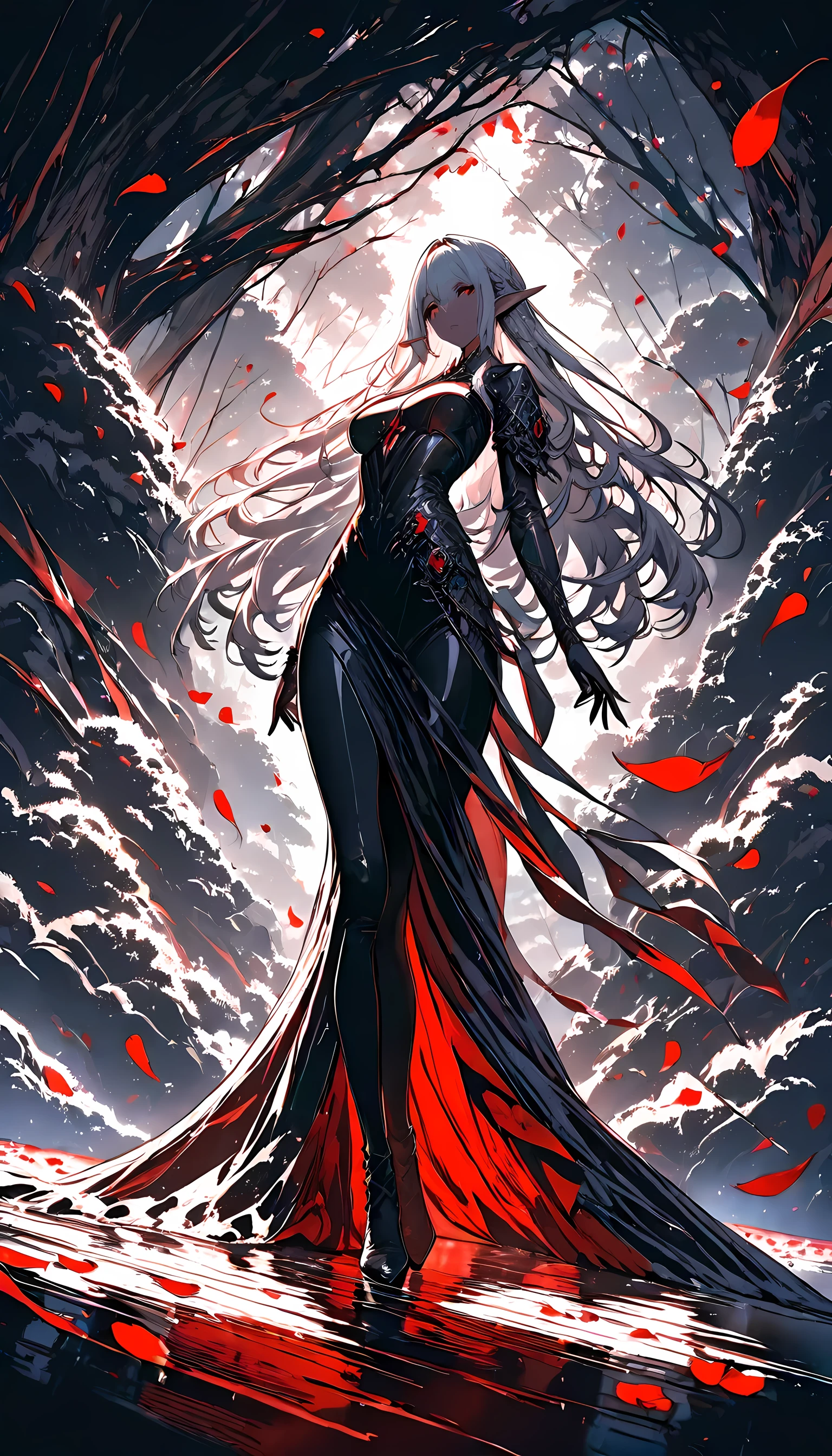 masterpiece, high score, great score, absurdres, anime comic picture, fantasy art, red petals falling from the sky on a beautiful female elf, standing in forest, cloud of red petals swirling around the ice statue, full body, beautiful elf, long icy hair strands, wearing icy dress, epic flowing (red petals: 1.3), swirling rose petals, fantasy forest background, it is dawn the sun rays reflect on the ice statue, sun rays hit the rose petals, ((high contrast: 1.5)) high details, best quality, 8k, [ultra detailed], masterpiece, best quality, (extremely detailed), dynamic angle, intricate details,