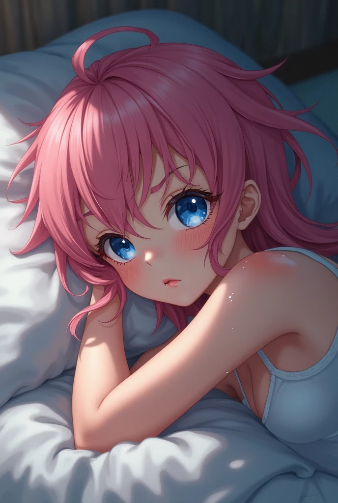 1girl, masterpiece, best quality, extremly detailed,cinematic lighting, finely detailed beautiful face and eyes, 8k, dark intense shadows, long hair, pink hair, two side up, white shirt, frill, 
bare shoulders, looking at viewer, crying, pigtails, (squatting),(upper body), (sitting on bed), pink bed, (teddy bear), dolls on background, turned head, blue eyes, window, moonlight, ((night)), (dark background), (dark room), backlighting, messy room