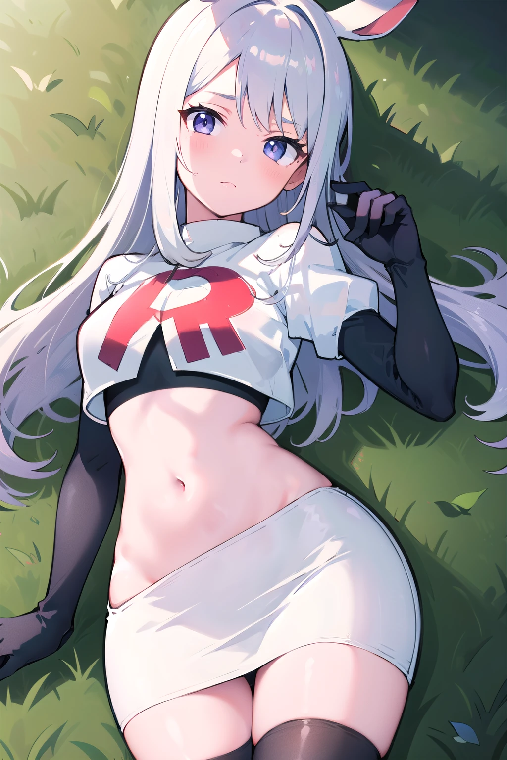 masterpiece, 8k wallpaper, best quality, 1girl, MejiroMcQueen, blush, looking at the viewer, grass, team rocket,team rocket uniform,white skirt,red letter R,crop top,black thigh-highs,black elbow gloves