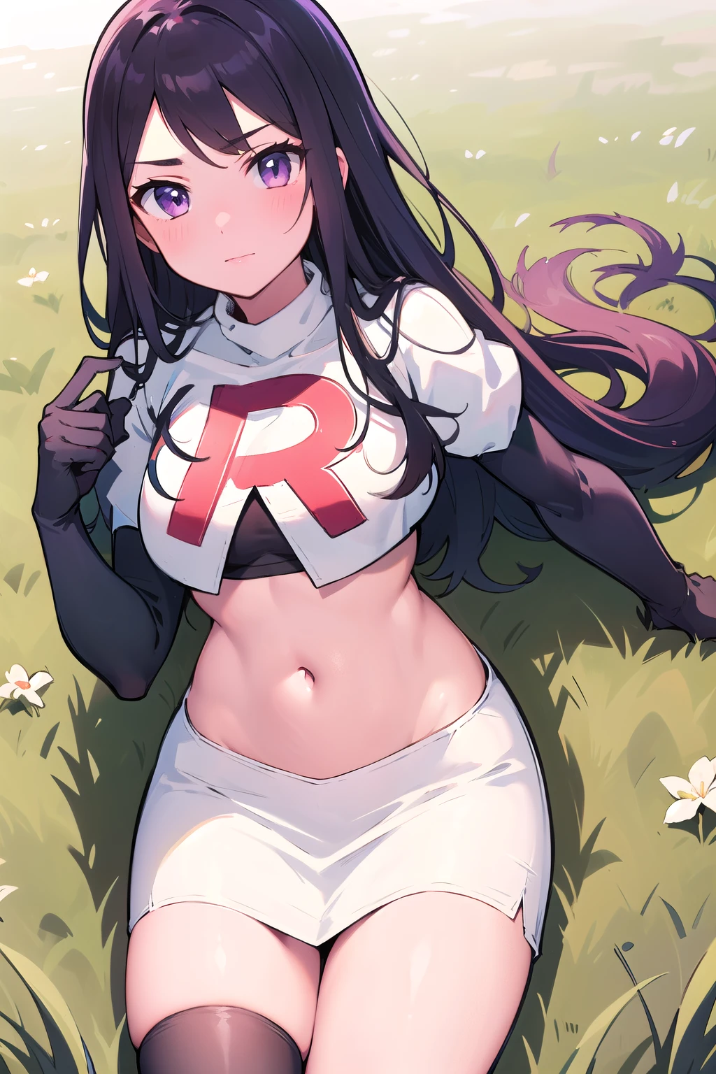 masterpiece, 8k wallpaper, best quality, 1girl, MejiroMcQueen, blush, looking at the viewer, grass, team rocket,team rocket uniform,white skirt,red letter R,crop top,black thigh-highs,black elbow gloves