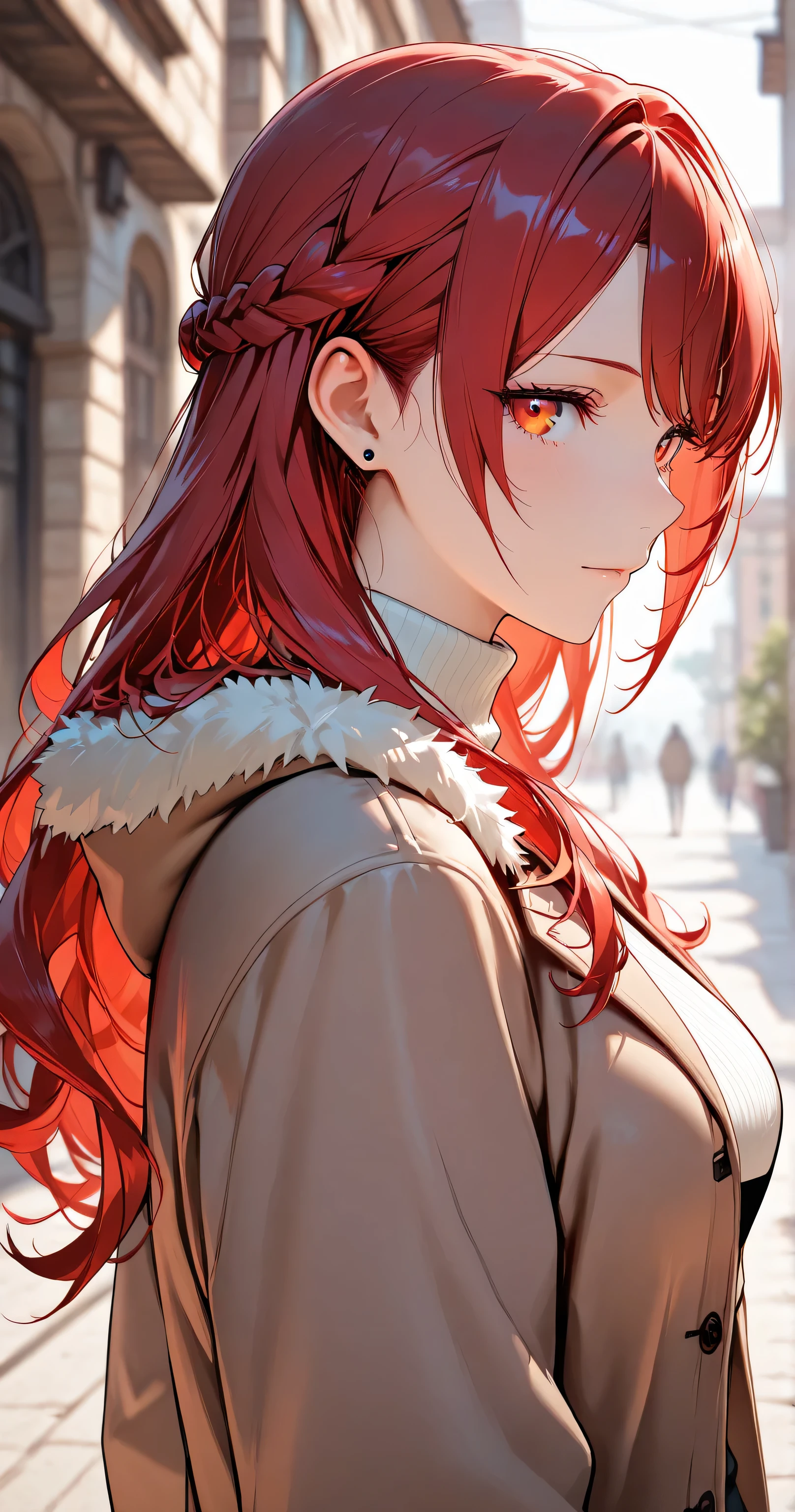 insanely detailed,
sharp focus on eyes and facial details, stunning clarity, sharp focus(1.5),
Well-defined facial features,
vivid crimson long hair in a French braid.
no white strands styled in a French braid,
delicate strands, silky smooth,
Beautiful almond-shaped eyes with detailed irises, gentle shading, exquisite eyelashes,
Eyes with a sharp, confident look,
Sweater, brown jacket, turtleneck, fur-trimmed jacket, casual outfit, ear piercing,
Outdoors, blurry background, soft ambient lighting,
Brilliant skin,
masterpiece, best quality, ultra-detailed, 8k resolution,
Crisp details, rich colors, vibrant details, harmonized colors,
No stuffed animals or toys, simple luxury background, minimalistic luxury setting,
Mature features, balanced proportions,
2D anime style(1.3),
Face shot, side view, looking at viewer,
highly detailed face, slender body, flawless skin.