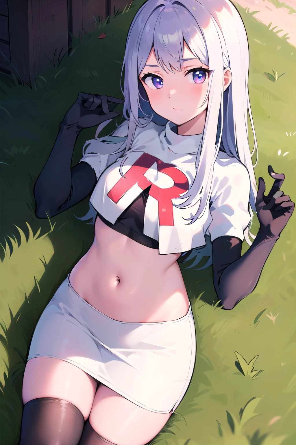 masterpiece, 8k wallpaper, best quality, 1girl, MejiroMcQueen, blush, looking at the viewer, grass, team rocket,team rocket uniform,white skirt,red letter R,crop top,black thigh-highs,black elbow gloves