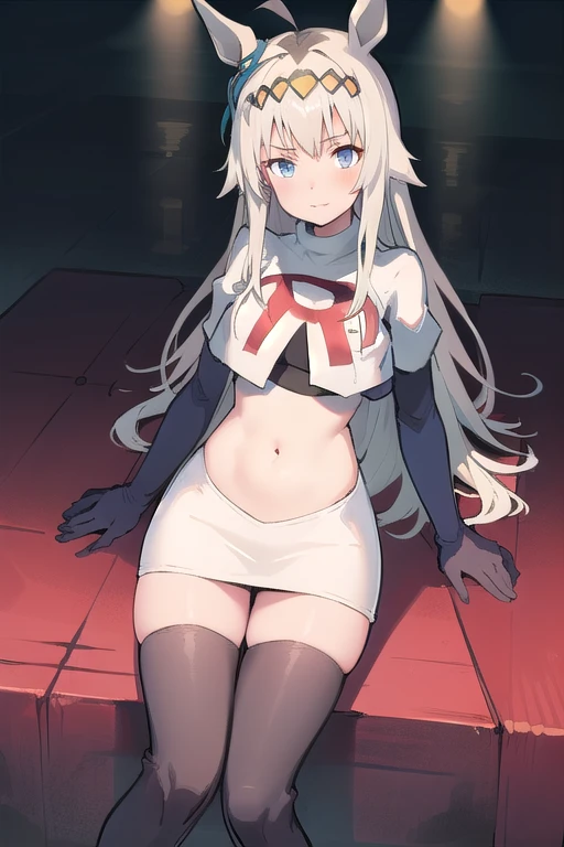 (8k uhd, masterpiece, best quality, high quality, absurdres, ultra-detailed, detailed background), JingliuV5, 1girl, solo, red eyes, looking at viewer, navel, jewelry, team rocket,team rocket uniform,white skirt,crop top,black thigh-highs,black elbow gloves