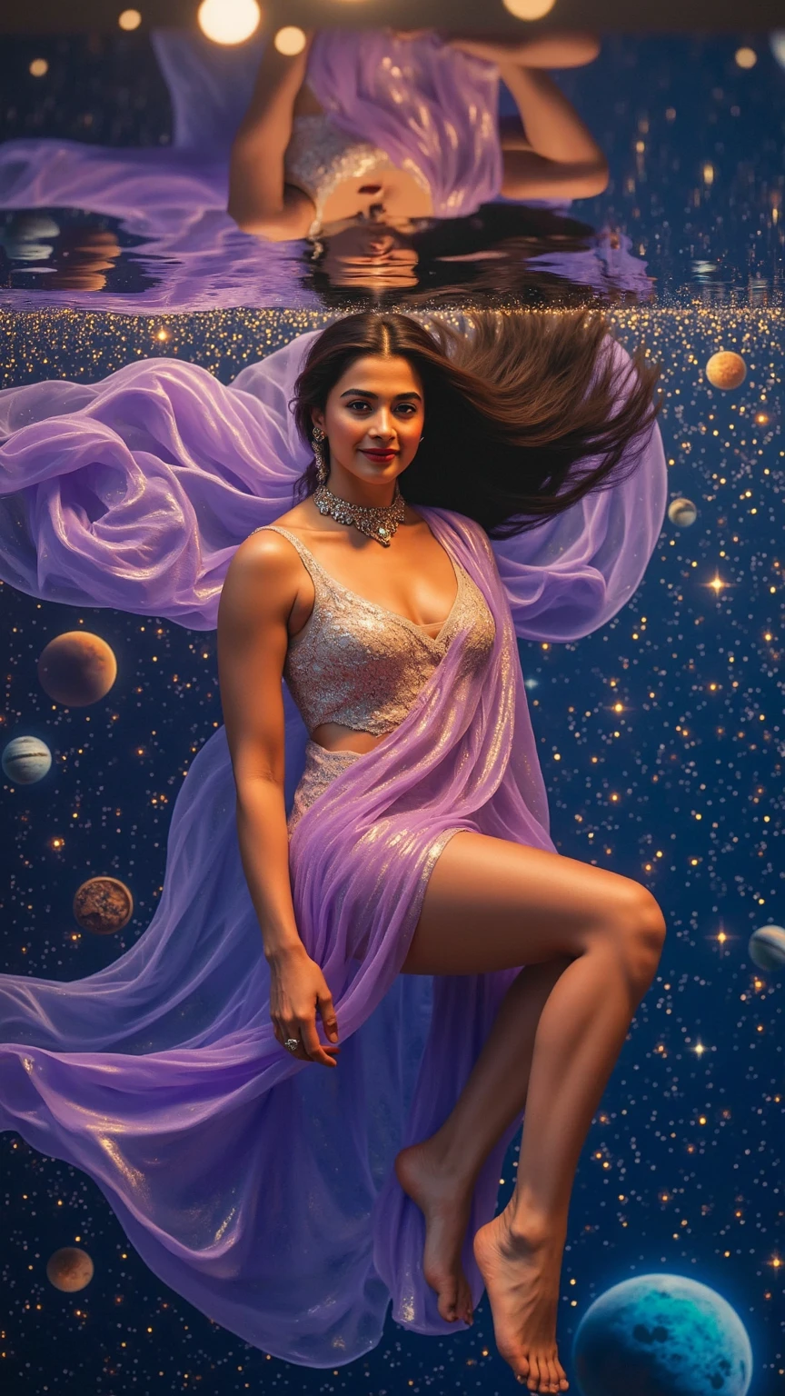 best quality, detailed, 4k, raw photo, masterpiece,35 year old Mexican woman, black hair, detailed face,, stars, planets, galaxy, space,, a photo of anycemar flying in space, long hair, looking at viewer,