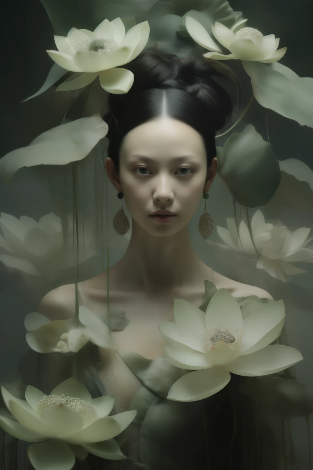 (masterpiece1.2),(best quality:1.2),highres,extremely detailed 8k wallpaper,very clear,realistic,1girl,full body,(soft smile),bare shoulders,chest covered by lotus_leaf,cleavage,collarbone,neck,(foggy,mist),earrings,solo,white (lotus flowers),black hair,looking at viewer,long hair,portrait,lips,hair bun,makeup,expressionless,black eyes,tender green,(lotus leaves),DOF,soft light,gongbi color ink style,