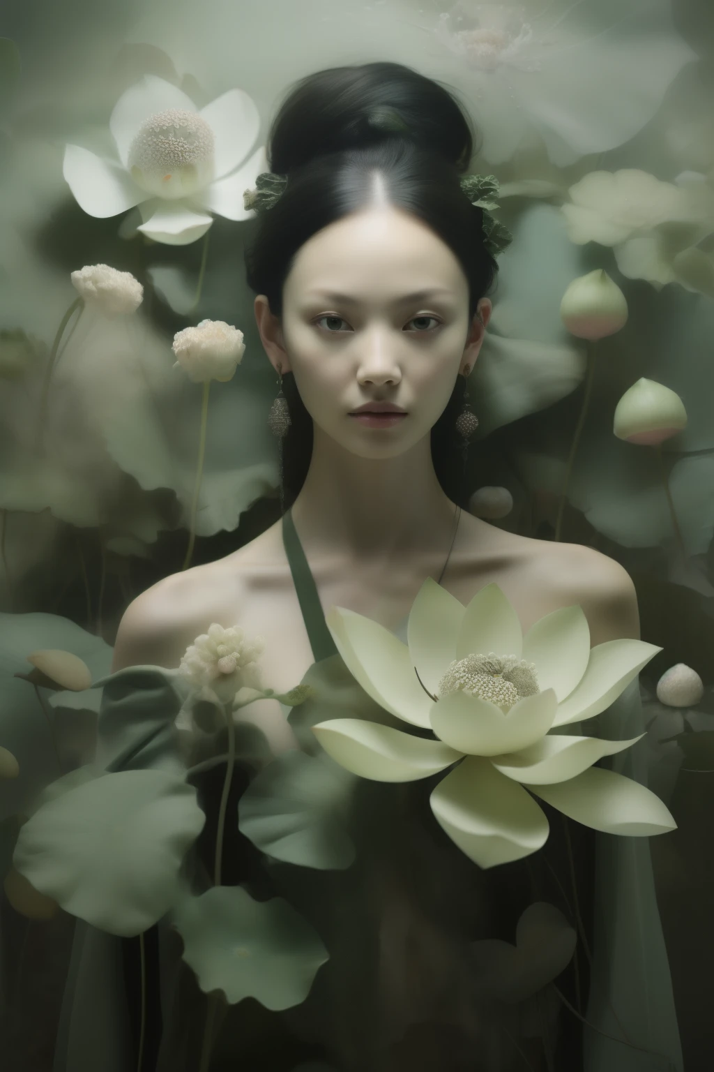 (masterpiece1.2),(best quality:1.2),highres,extremely detailed 8k wallpaper,very clear,realistic,1girl,full body,(soft smile),bare shoulders,chest covered by lotus_leaf,cleavage,collarbone,neck,(foggy,mist),earrings,solo,white (lotus flowers),black hair,looking at viewer,long hair,portrait,lips,hair bun,makeup,expressionless,black eyes,tender green,(lotus leaves),DOF,soft light,gongbi color ink style,